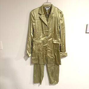 VTG 70s Lew Magram Green Satin Pantsuit Blazer Set Womens Size 4 Retro Statement